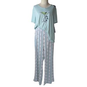 Life Is Good Martini Embroidery & Print PJ Set Short Sleeve Top Pant Teal XL NWT